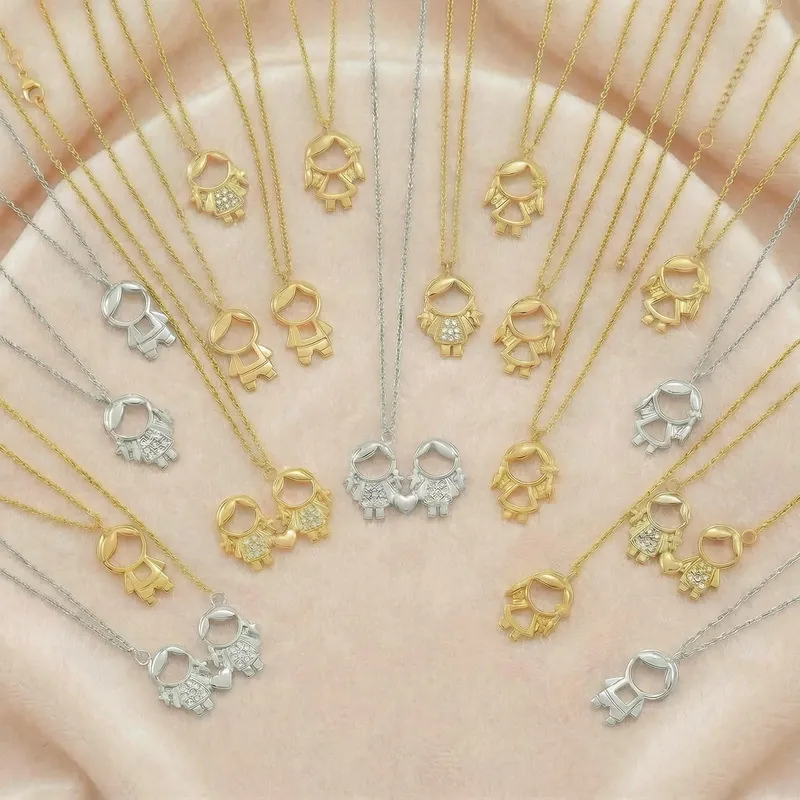 Collier Pendentif Garçon Et Fille En Acier Inoxydable Avec Cœur En Zircon Bijoux Figurine Dessin Animé Cadeau Femmes