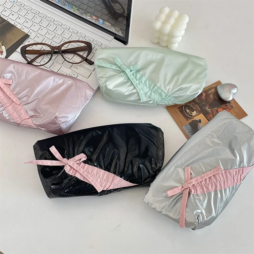 Cute Bowknot Pencil Case Metallic Luster Polyester Large Capacity Zippered Stationery Organizer For Students Girls