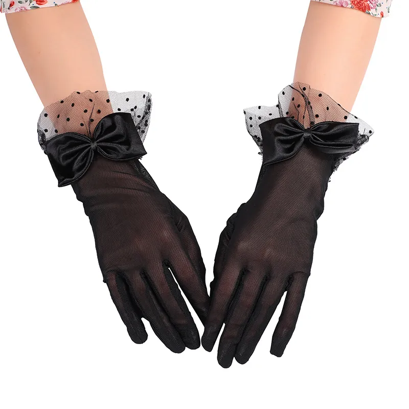 Women Lace Gloves Mesh Polka Dot Ruffle Trim Satin Bow Vintage Wedding Bridal Evening Party Elegant Dress Accessories