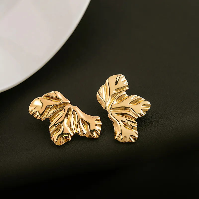 Alloy Leaf Stud Earrings Minimalist Irregular Metal Wrinkled Petal Shape Vintage Fashion Jewelry For Women