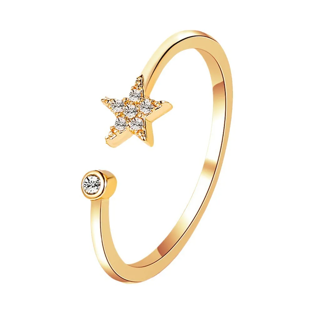 Sparkly Star Adjustable Ring Copper Cubic Zirconia Open Finger Jewelry Sweet Minimalist Elegant Accessories Women Girls