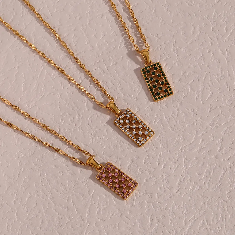 Fashion Stainless Steel Zirconia Rectangular Hollow Pendant Necklace Gold Plated Geometric Chain Necklace For Women Jewelry