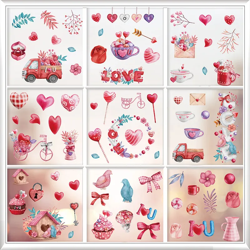 Décalcomanies De Fenêtre Saint Valentin Autocollants Coeur Statiques PVC Décorations Romantique Rose Gnome Ornement Porte Verre