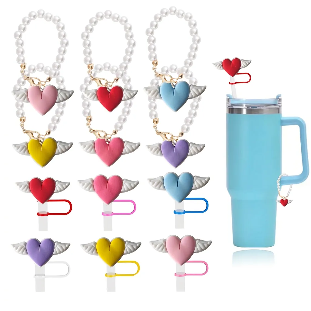 Silicone Winged Heart Straw Topper Cover With Artificial Pearl Chain Tumbler Charm For Drinking Cup Dust Proof Decorative Accessories
