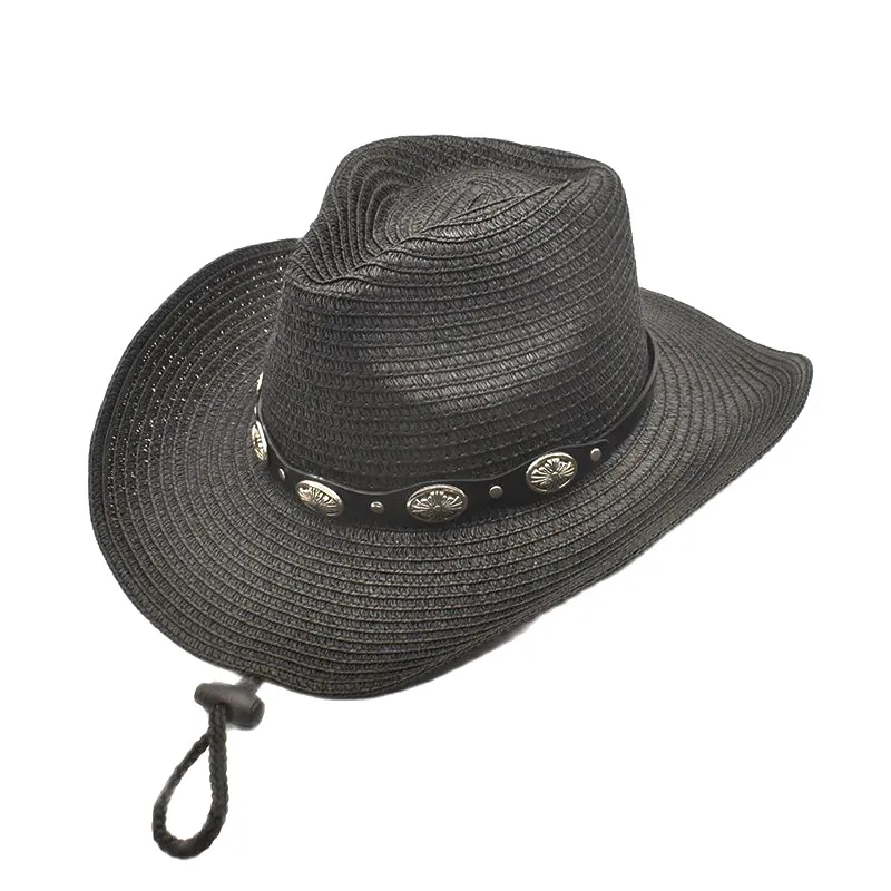 Western Cowboy Straw Hat Woven Wide Curved Brim Sun Protection With Faux Leather Band Metal Buckle Adjustable Wind Rope
