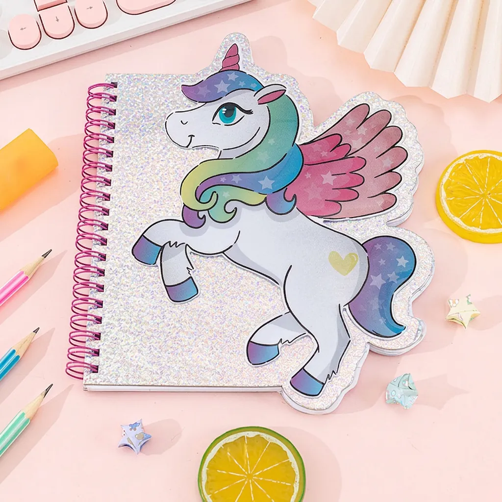 Taccuino A Spirale Sagomato Copertina Luccicante Motivo Unicorno Carta A Righe Per Scuola Ufficio Cancelleria