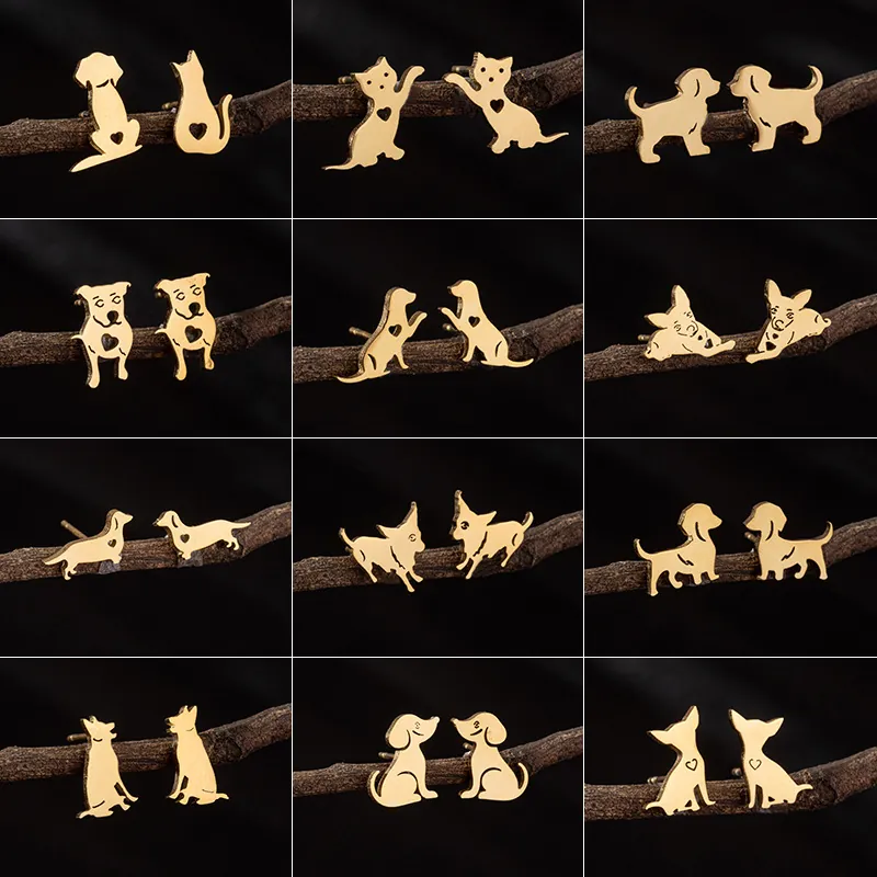 Stainless Steel Animal Stud Earrings Cute Dog Cat Heart Hollow Minimalist Fashion Jewelry For Women Girls Pet Lovers