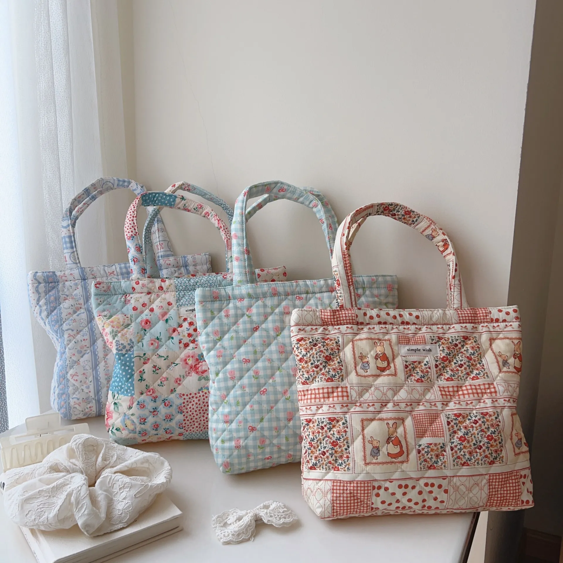 Quilted Cotton Handbag Floral Grid Pattern Small Tote Bag With Canvas Lining For Women Literary Style