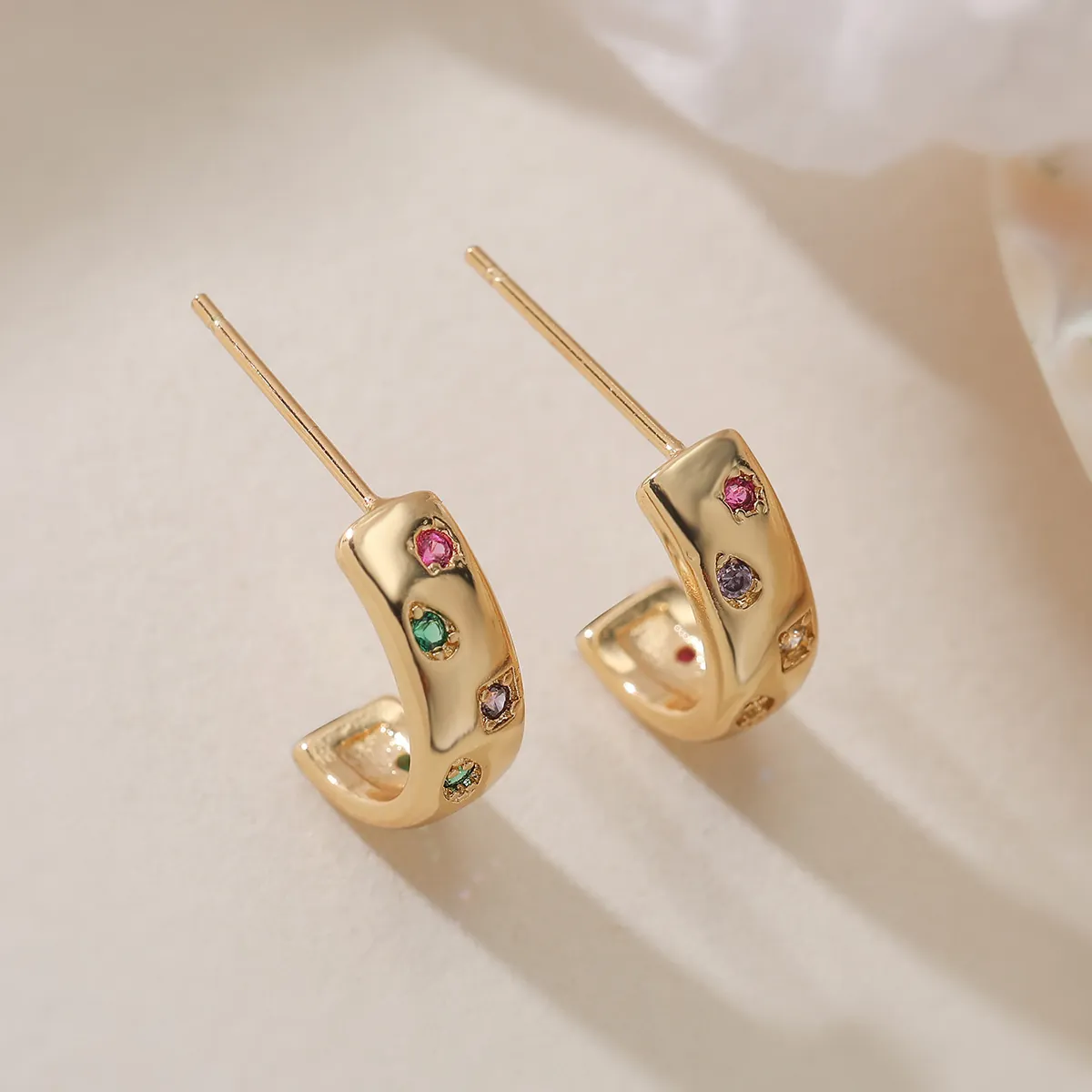 C-Shaped Stud Earrings 18K Gold Plated Copper With Multi-Color Zircon Exquisite Micro-Inlaid Geometric Fashion For Women