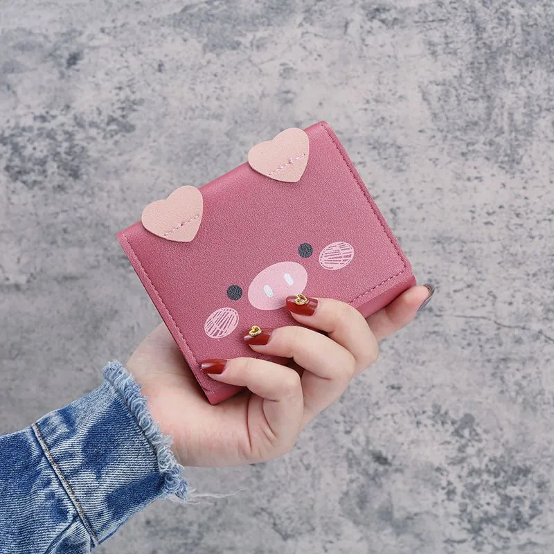 Cute Cartoon Pig Short Wallet PU Leather Tri-fold Coin Purse Multi Card Slots For Women Girls Kawaii Design