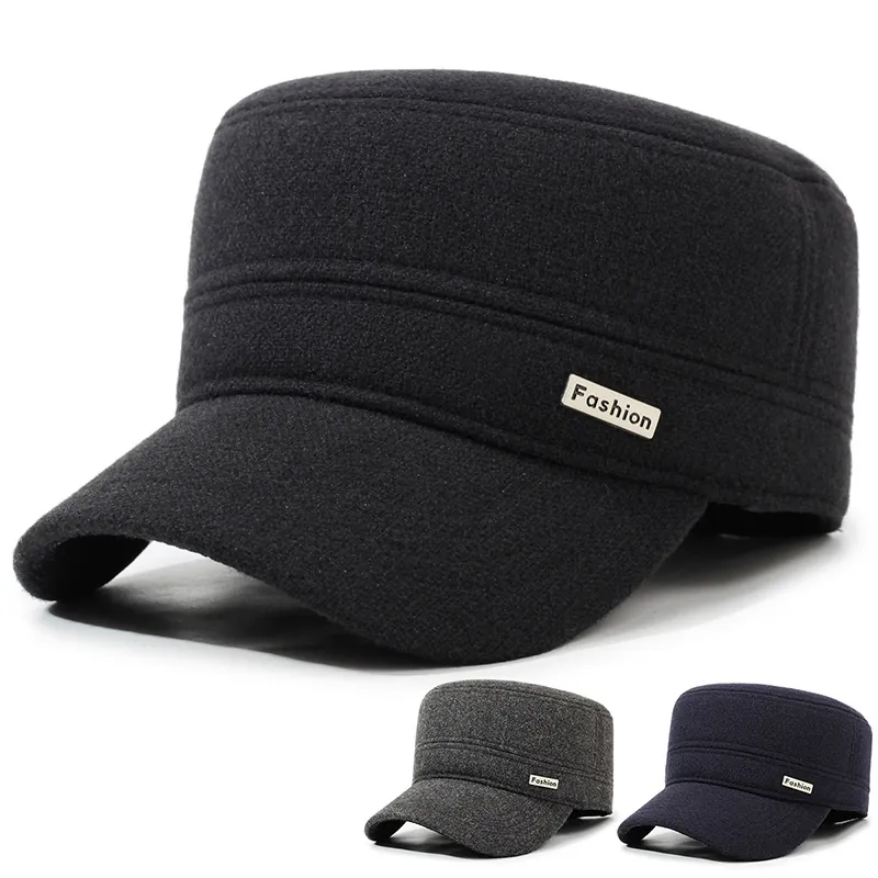 Men's Flat Top Hat Woolen Cadet Cap With Ear Protection Earflaps Warm Windproof Winter Military Hat For Elderly Dad