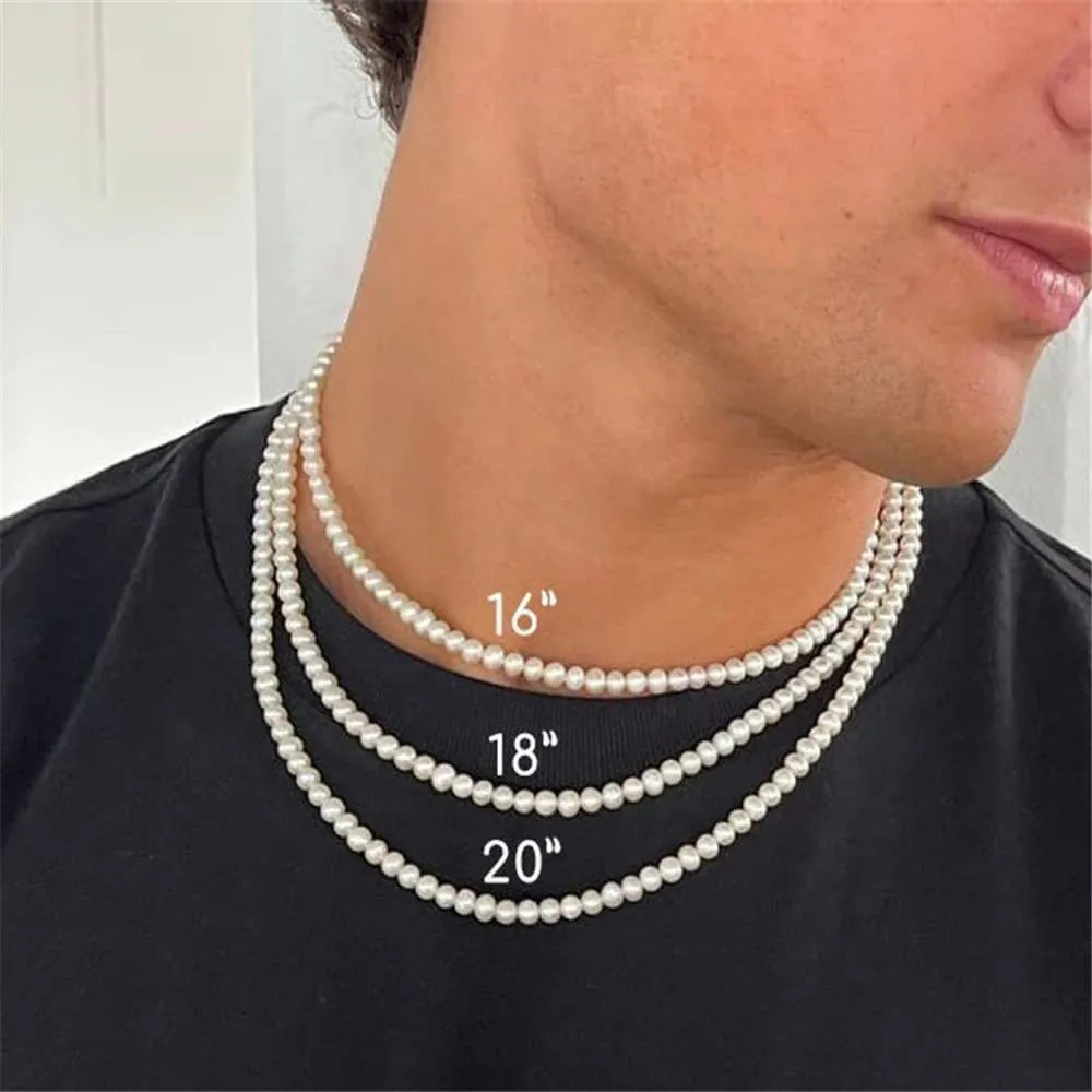 Men Artificial Pearl Beaded Necklace Round Imitation Artificial Pearls Alloy Clasp Personalized Hip Hop Jewelry