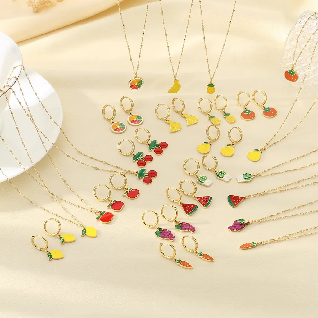Bijoux Fruits Pour Femmes Acier Inoxydable Plaqué Or Émail Cerise Pomme Citron Collier Et Boucles D'oreilles Style Été Doux