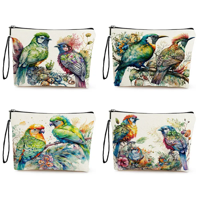 Trousse À Maquillage En Lin Imprimé Perroquet Aquarelle Pochette Cosmétique Portable Avec Dragonne Organisateur Voyage