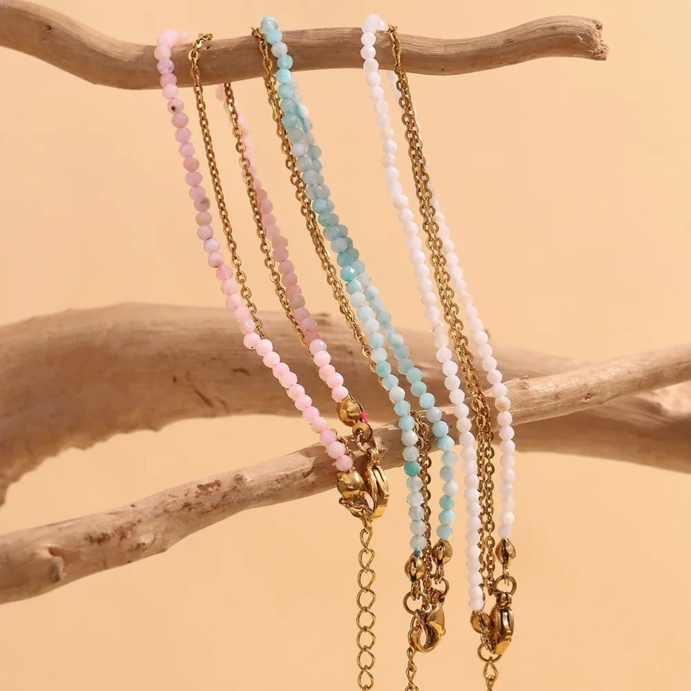 Double Layer Anklet 18K Gold Plated Stainless Steel Natural Stone Beads Bohemian Foot Jewelry Adjustable Chain
