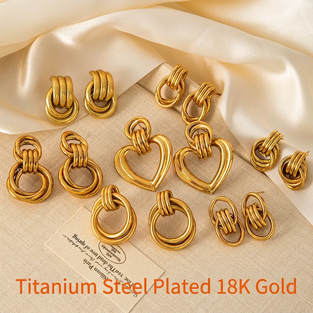 Geometric Earrings 18K Gold Plated Stainless Steel Heart Interlocking Rings Vintage Fashion Accessories For Women