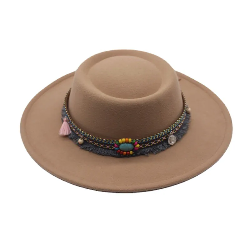 Bohemian Fedora Hat Flat Top Wide Brim Felt Wool Blend With Turquoise Tassel Ethnic Style For Women Vintage