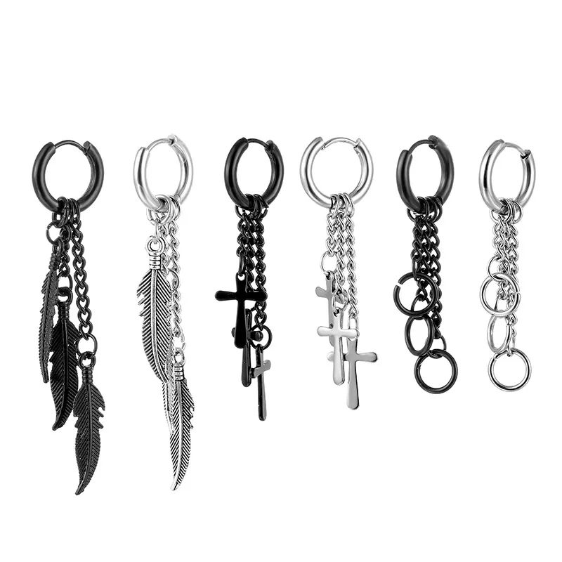 Stainless Steel Hoop Earrings With Cross Feather Charms Tassel Chain Punk Hip Hop Style Jewelry For Men And Women