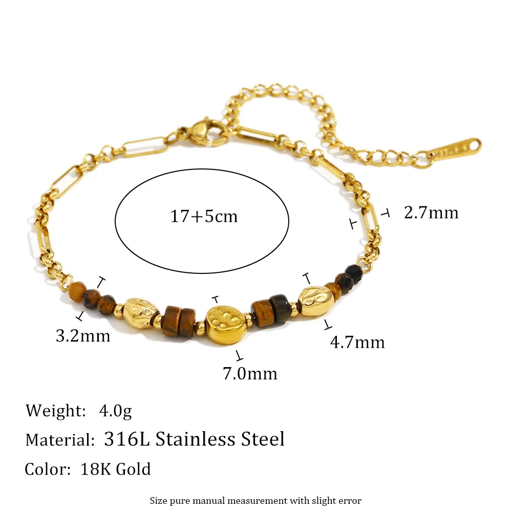 Vintage 18K Gold Plated Stainless Steel Bracelet With Natural Stone Beads Handmade Chain Adjustable Jewelry For Women