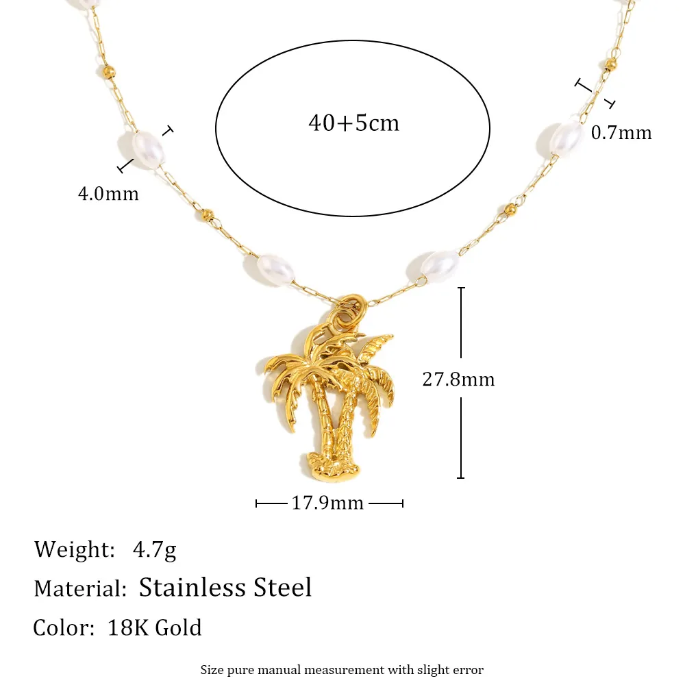 Palm Tree Pendant Necklace 18K Gold Plated Stainless Steel With Artificial Pearl Summer Beach Vacation Style For Women
