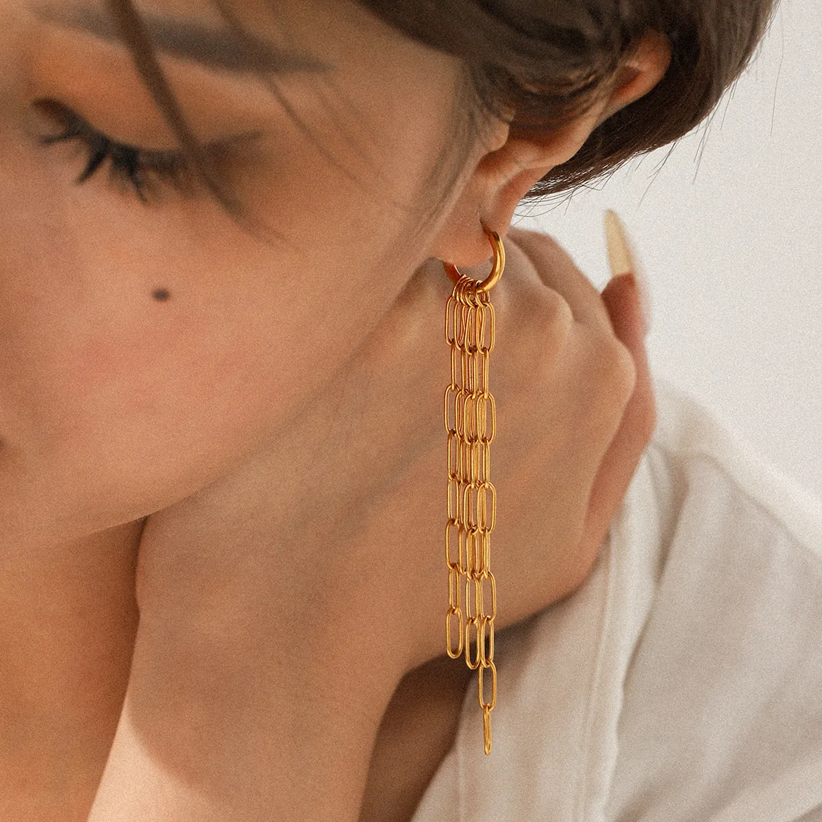 Boucles Oreilles Pendantes À Franges Acier Inoxydable Plaqué Or 18K Chaîne Longue Bijoux Luxe Pour Femmes