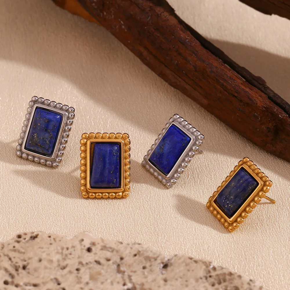 Orecchini a Bottone Rettangolari in Acciaio Inossidabile con Lapislazzuli Vintage per Donna Gioielli Retro Geometrici Placcati in Oro 18K
