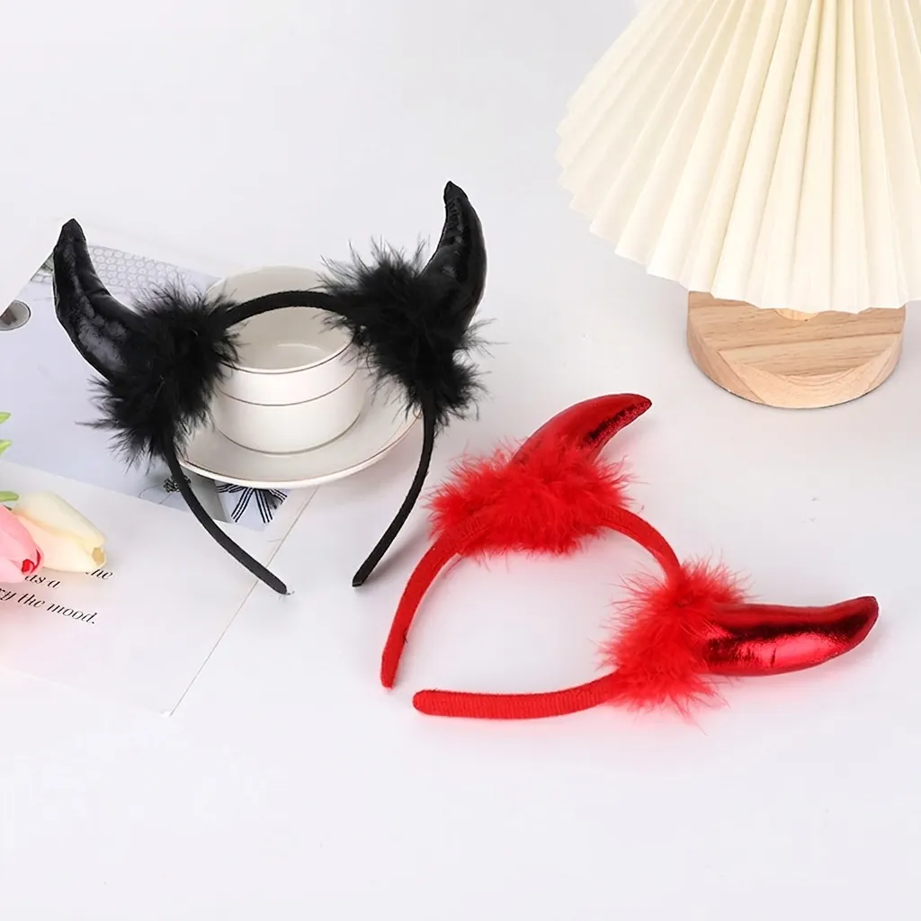 Devil Horn Headband Metallic Bronzing Cloth Turkey Feather Halloween Cosplay Party Hair Accessories