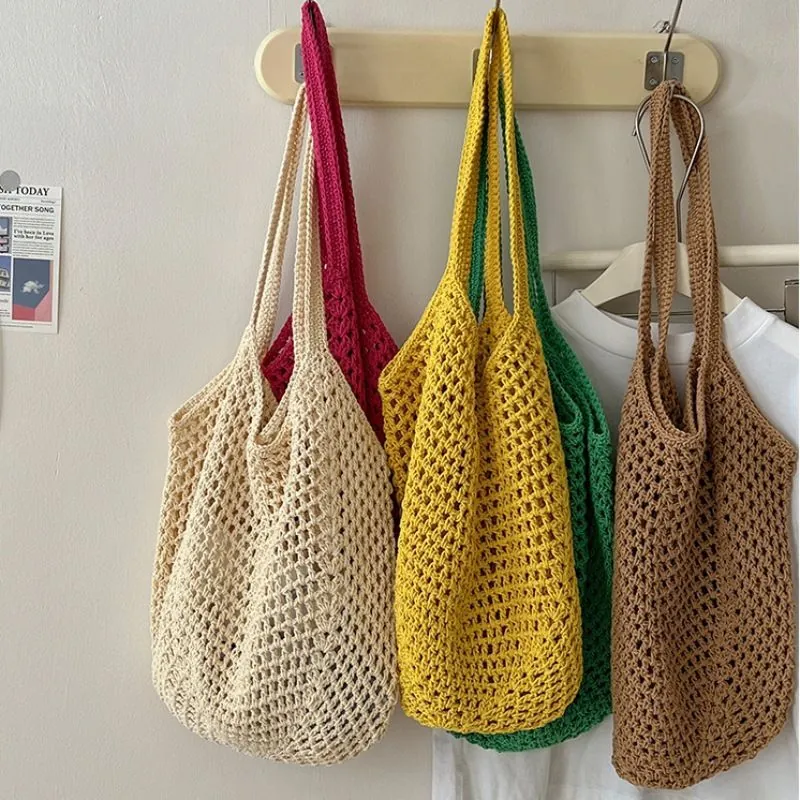 Women Woven Shoulder Bag Cotton And Polyester Hollow Out Mesh Tote Large Capacity Casual Beach Holiday Bag