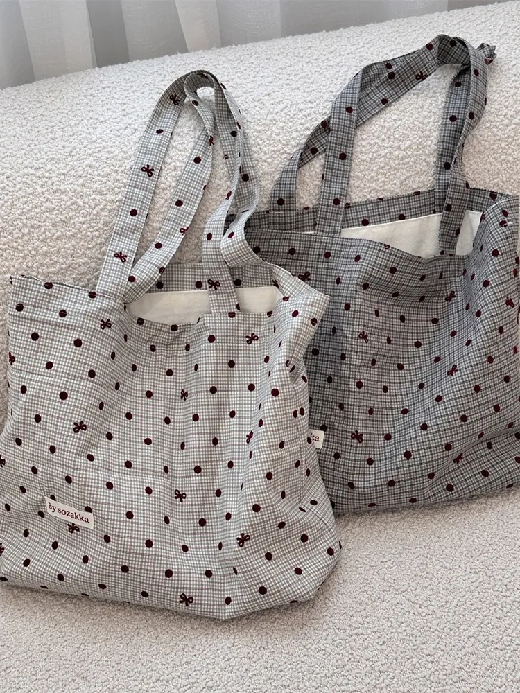 Sac Fourre-Tout En Toile Femmes Grande Capacité Pois Nœud Plaid Sac À Épaule Pour Déplacement Quotidien Style Décontracté