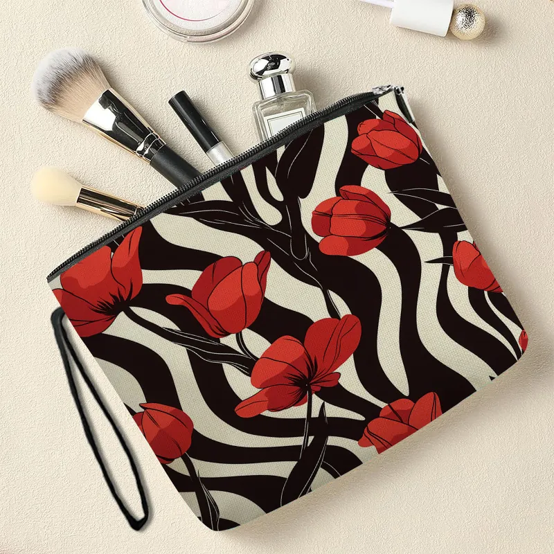 Linen Makeup Bag Floral Cosmetic Pouch With Zipper And Wristlet Strap Artistic Tulip Print Portable Valentine Gift Travel Bag
