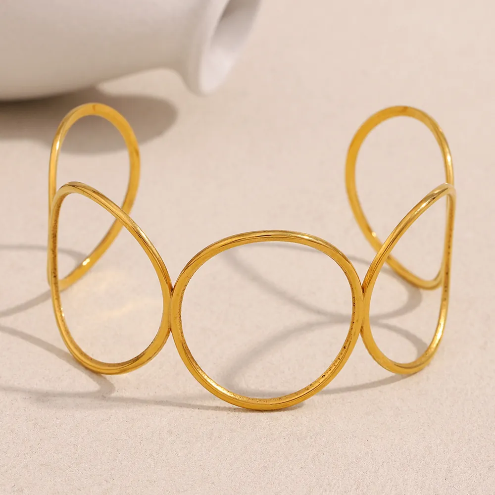 Geometric Hollow Circle Cuff Bangle Minimalist Lines 18K Gold Plated Stainless Steel Modern Open Adjustable Bracelet