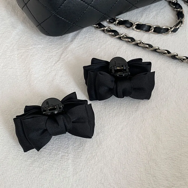 Elegant Black Satin Bow Hair Claw Clip For Women Vintage Elegant Bowknot Shark Clip Small Fringe Hair Accessories