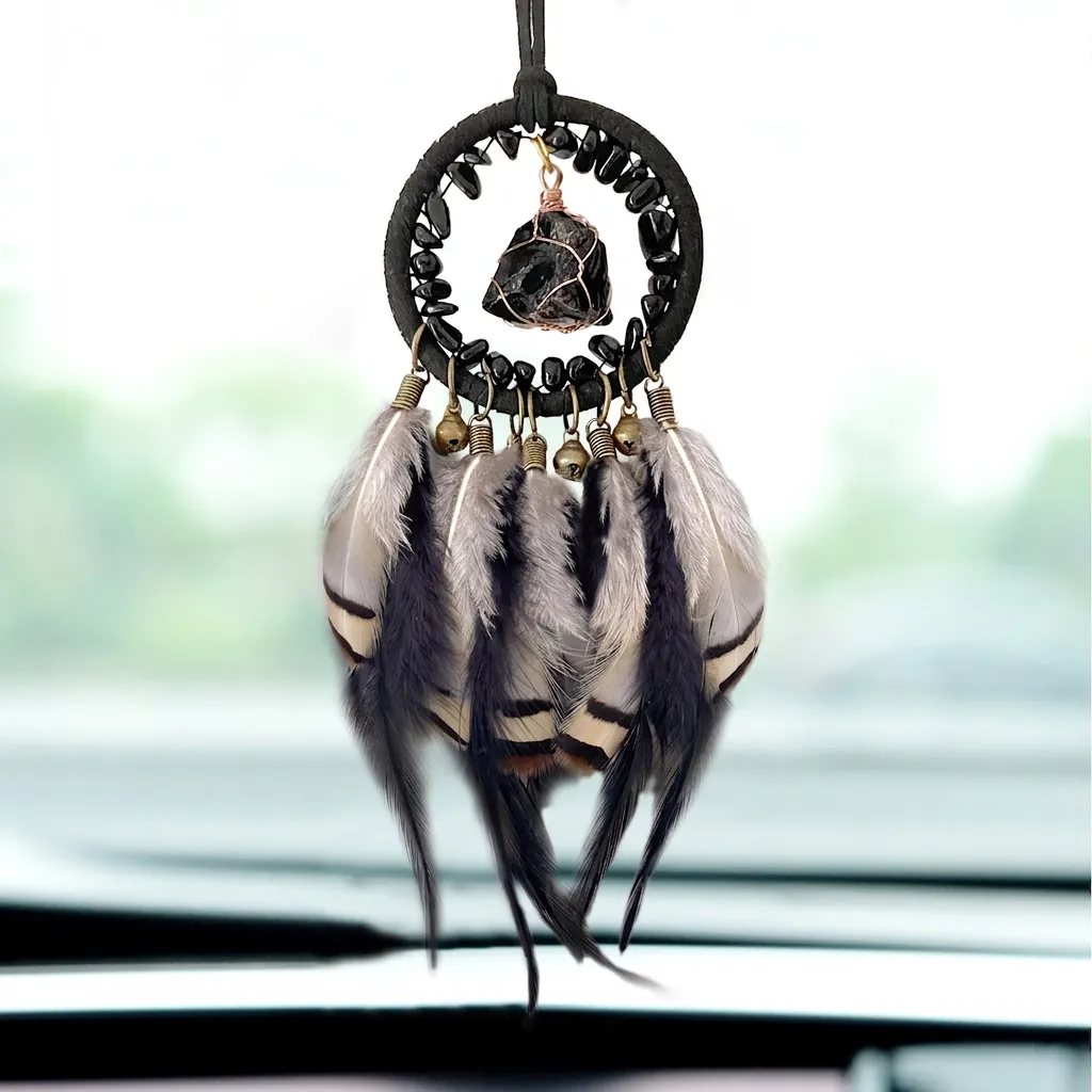 Handmade Dreamcatcher Car Hanging Ornament With Natural Raw Stone Obsidian Tiger's Eye Feather Copper Bell Retro Bohemian Interior Decor