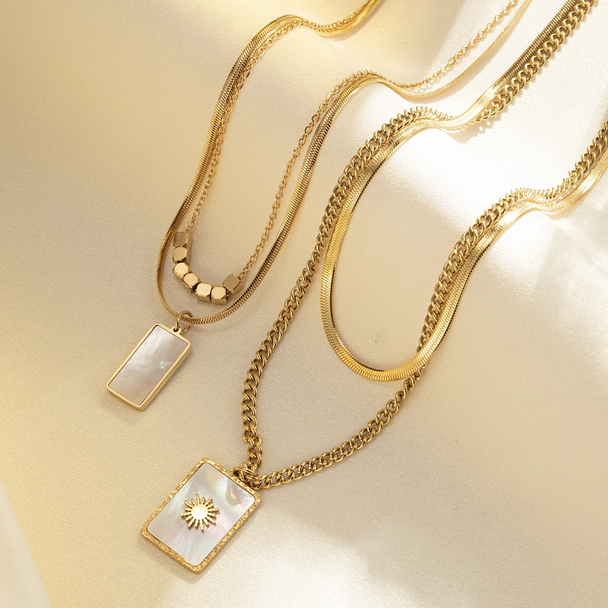 Double Layer Necklace Stainless Steel Mother Of Artificial Pearl Rectangular Sun Pendant Gold Plated Elegant French Style For Women