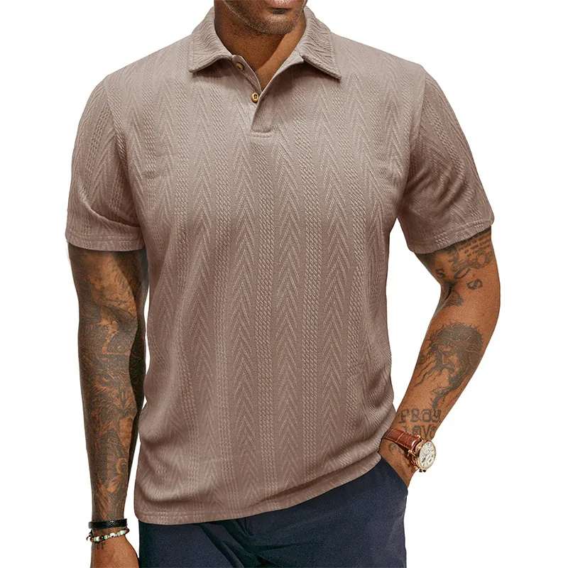 Ανδρικό Casual T-Shirt Πόλο από Χτενισμένο Βαμβάκι Ελαστάνη Κοντό Μανίκι Αμερικανικό Ρετρό Μονόχρωμο Πλεκτό με Υφή Ψαροκόκαλο Πέτο Τοπ για Καθημερινή Χρήση
