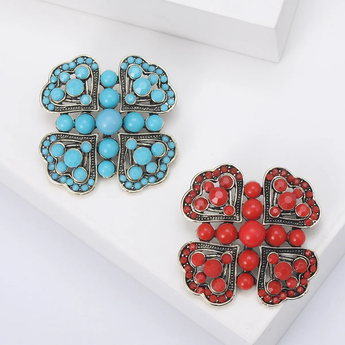 Vintage Alloy Rhinestone Flower Brooch For Women Artificial Pearl Turquoise Red Floral Breastpin Fashion Jewelry Accessory