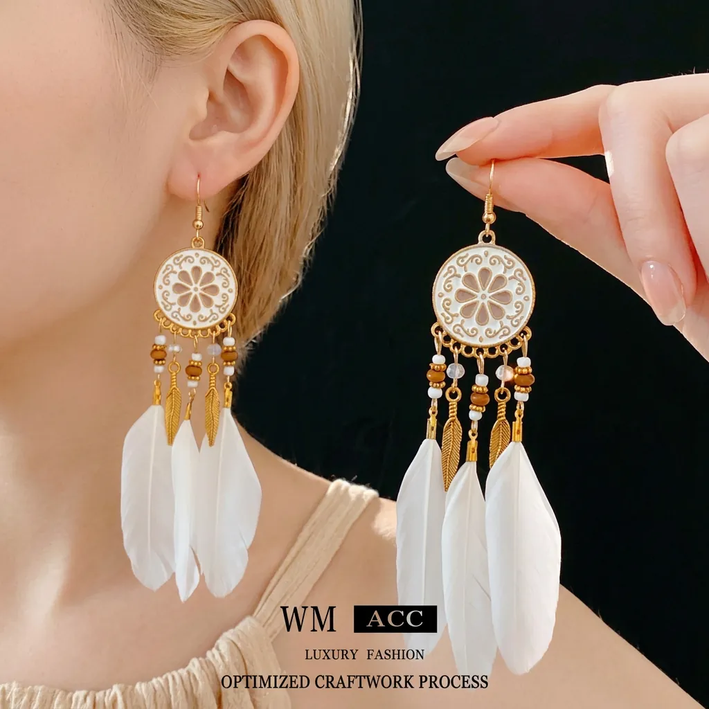 Boucles D'oreilles Attrape-Rêves En Plumes Avec Tige En Argent Alliage Perles De Cristal Style Ethnique Vintage Femmes