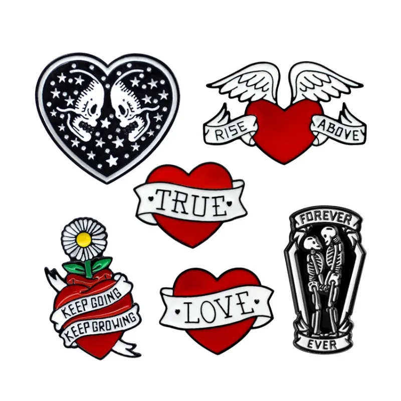 Gothic Enamel Pins Alloy Heart Skull Angel Wings Flower Brooches Vintage Tattoo Style Badges Clothing Accessories