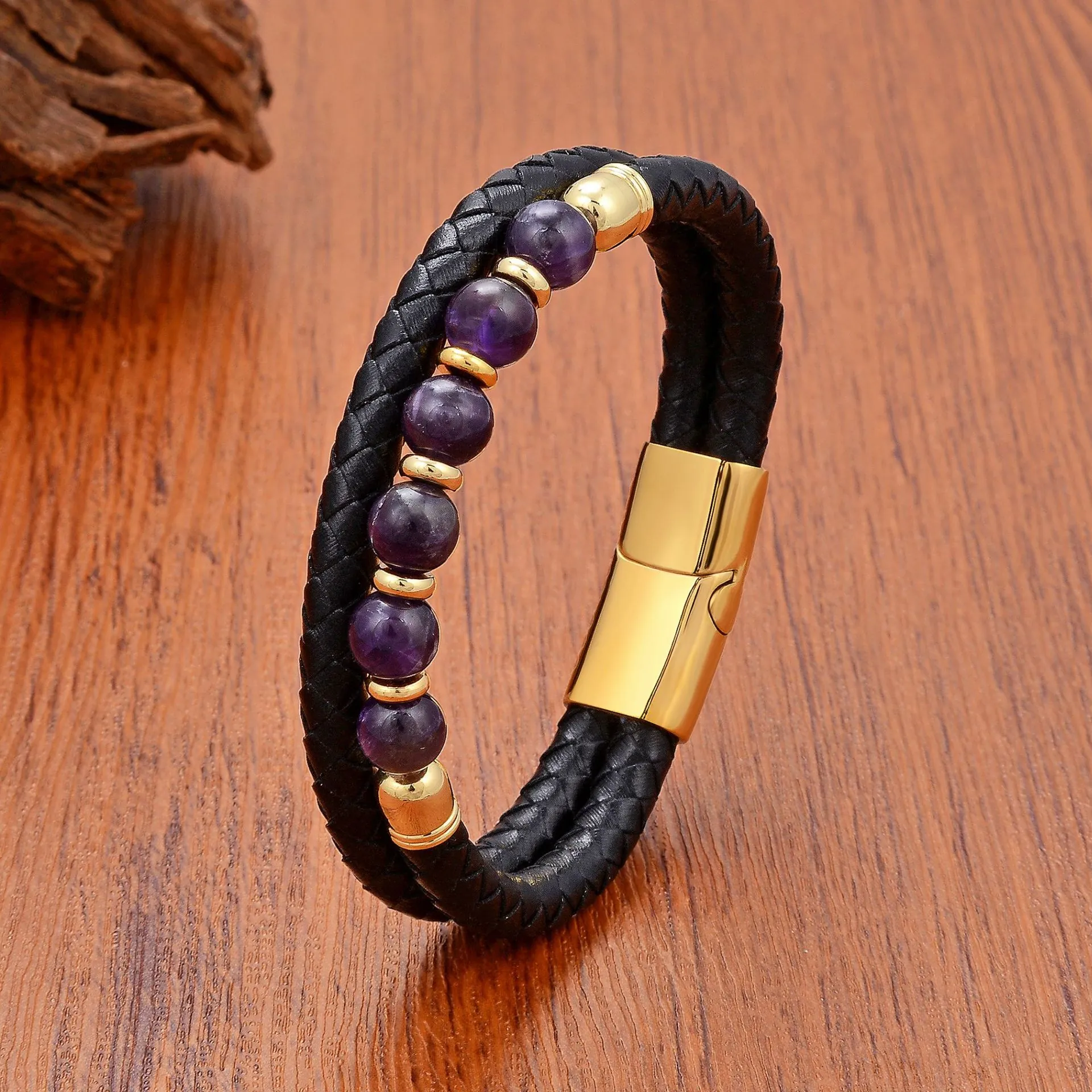 Double Layer Bracelet Woven Leather Natural Stone Beads Stainless Steel Magnetic Buckle Retro Fashion Accessory For Men