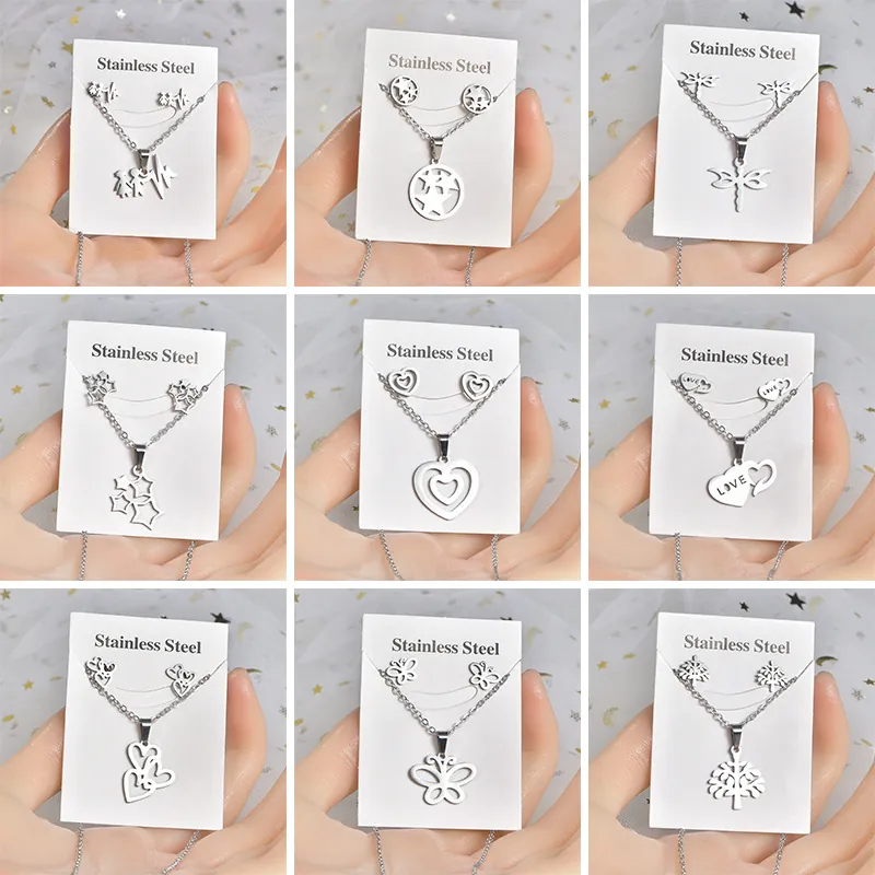 Stainless Steel Necklace And Earrings Silver Color Heart Butterfly Tree Of Life Star Dragonfly Pendant Women Fashion Jewelry