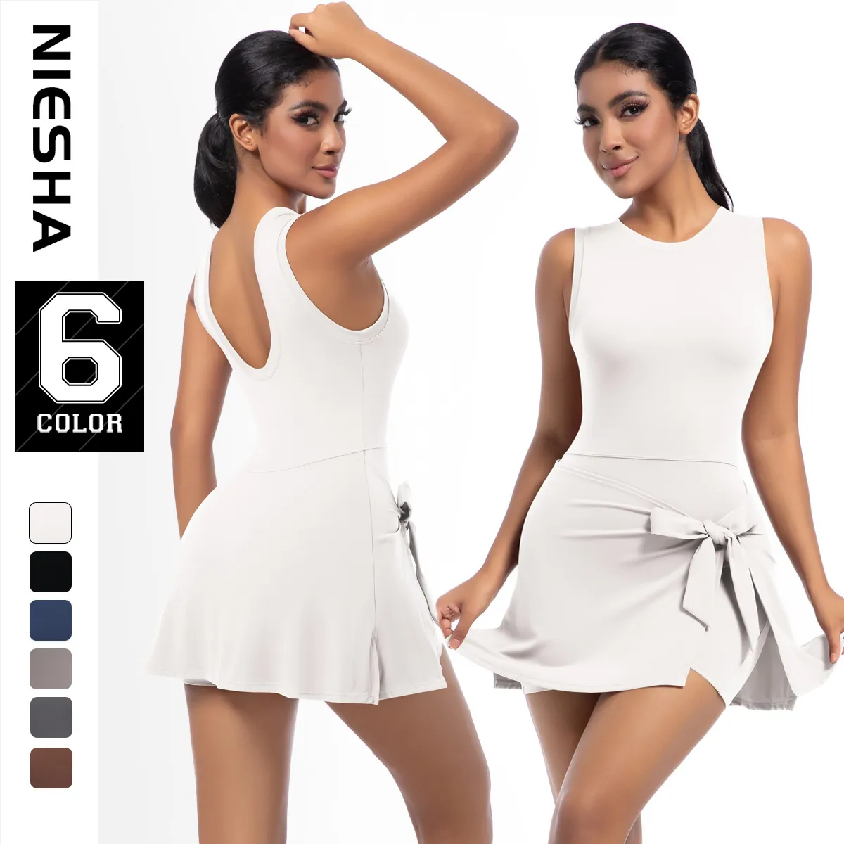 Abito da Tennis Sportivo da Donna Con Body Interno in Nylon Elastan Schiena a U Profonda Abito da Golf Yoga Snellente Top And Bottom