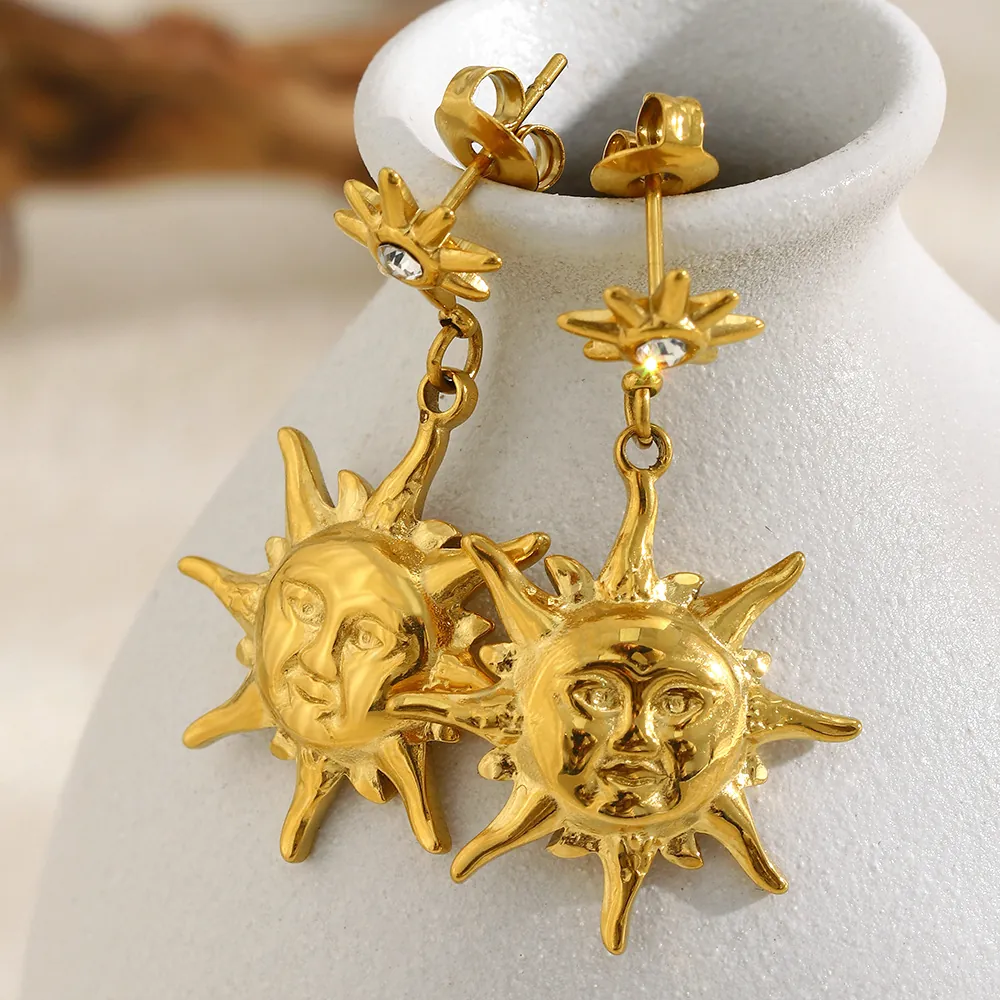 Boucles D'Oreilles Pendantes Soleil Rétro Plaqué Or 18K Acier Inoxydable Étoile Zircon Bijoux Bohèmes Pour Femmes