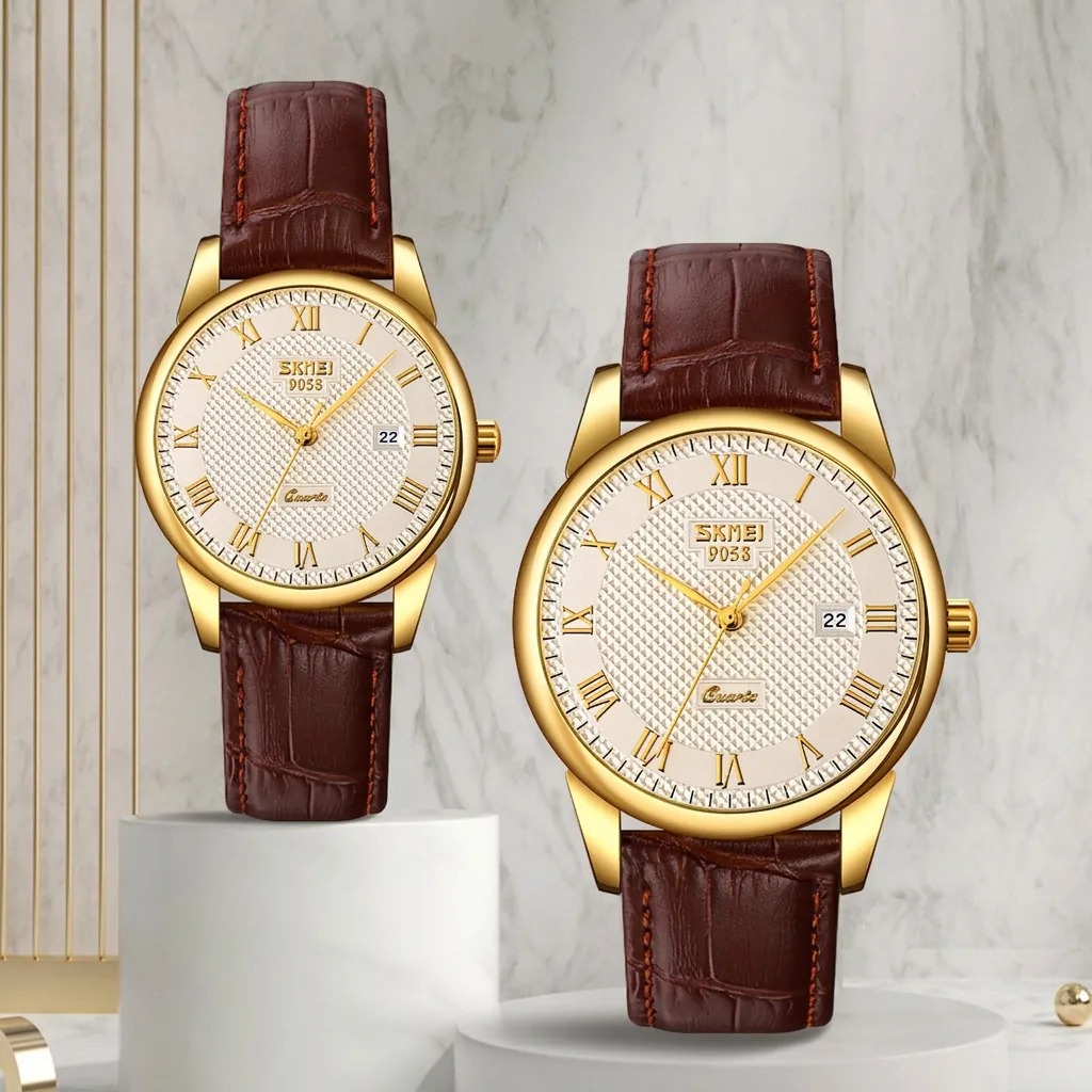 Skmei Business Quartz Watch For Men Women Waterproof Date Display Genuine Leather Stainless Steel Strap Couple Wristwatch