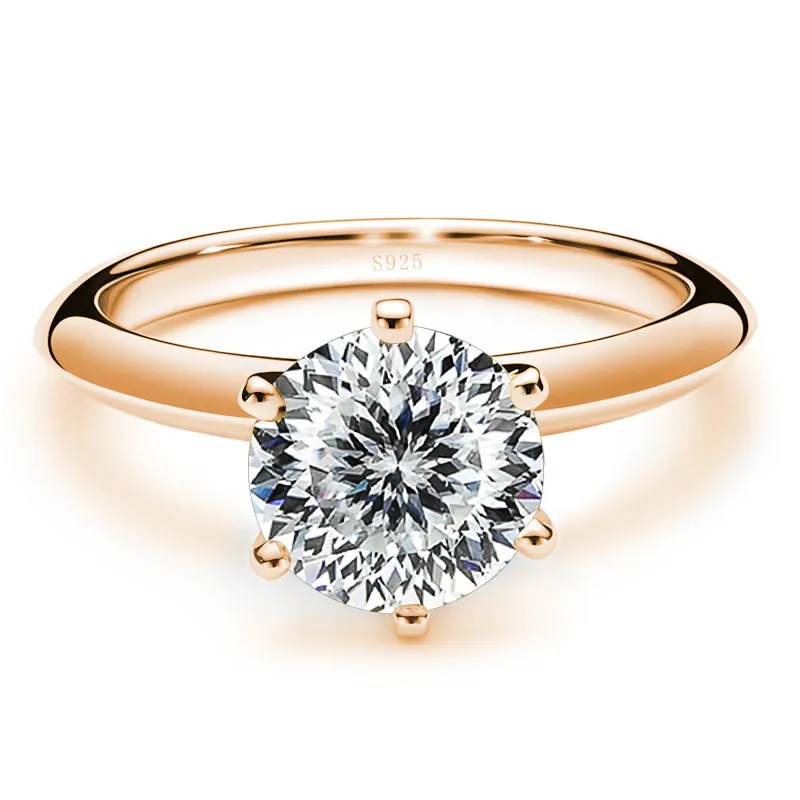 Classic Six-Claw Moissanite Ring 18K Gold Plated 925 Sterling Silver Round Cut Engagement Wedding Band Jewelry For Women