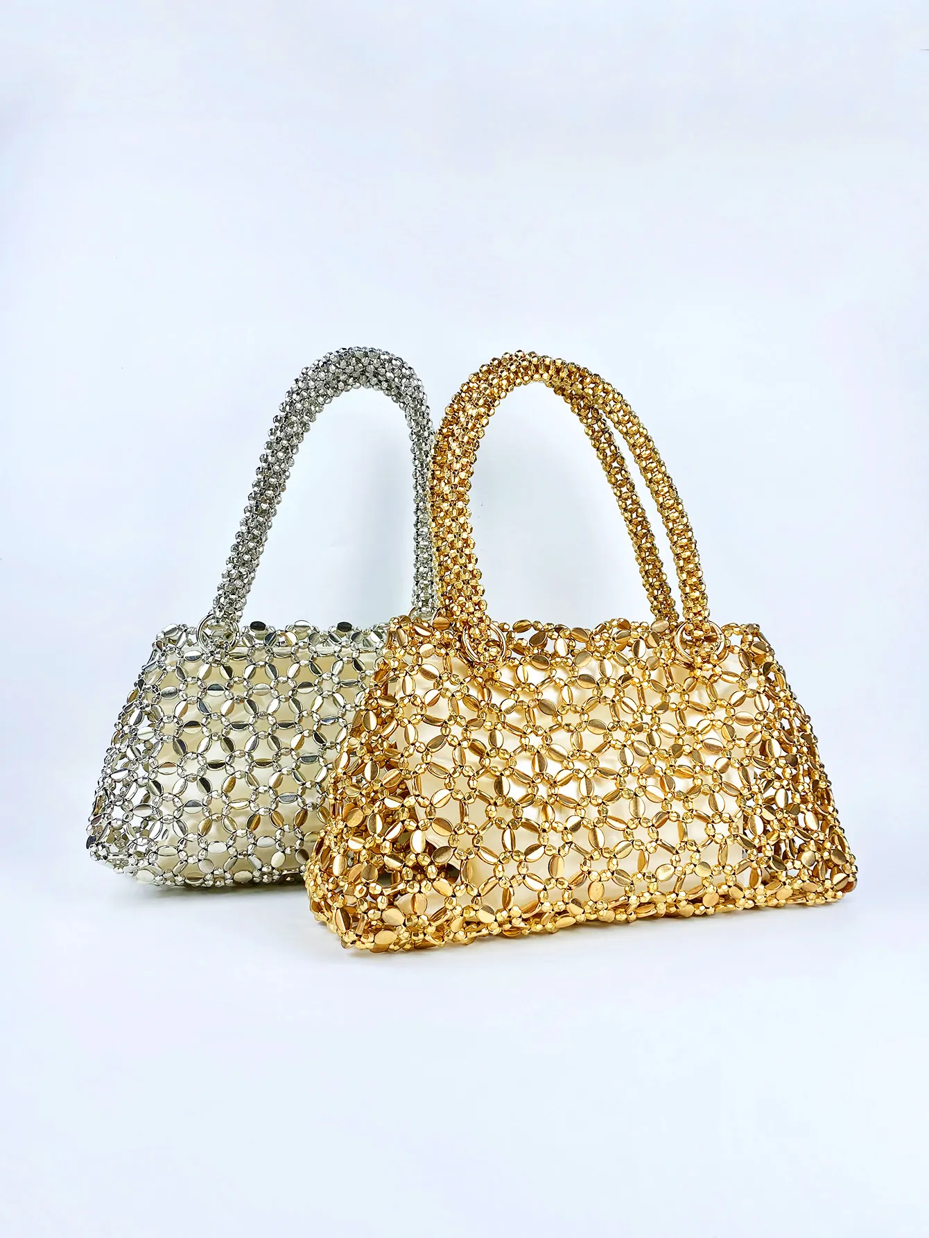 Handgefertigte Künstliche Perlenhandtasche Ausgehöhlte Gewebte Künstliche Perlentasche Glänzende Metallische Mode Casual Tasche Für Damen