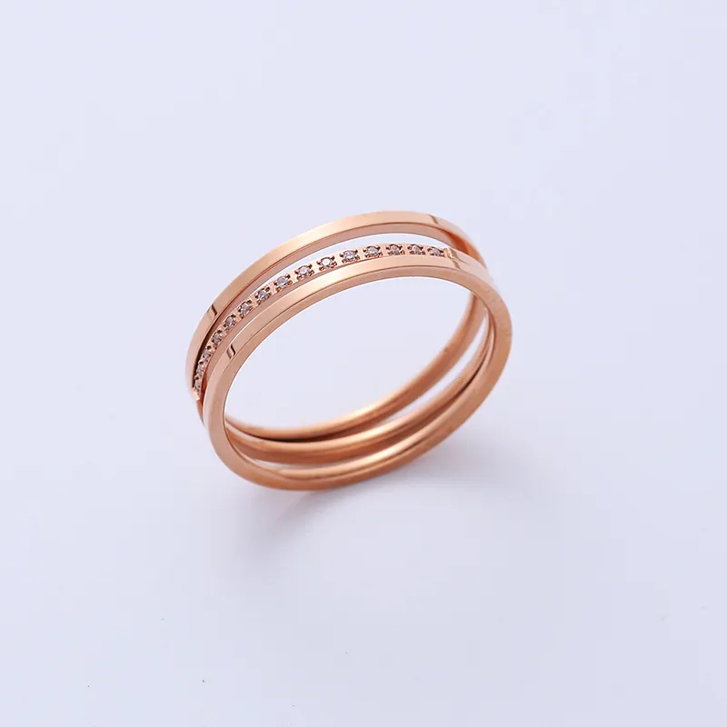 Elegant Three-Layer Splicing Stainless Steel Ring Rose Gold Plated Zircon Inlaid Stacking Finger Jewelry For Women