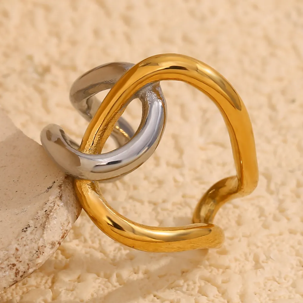Double Layer Open Ring 18K Gold Plated Stainless Steel Two-Tone Twisted Wave Adjustable Minimalist Jewelry For Women