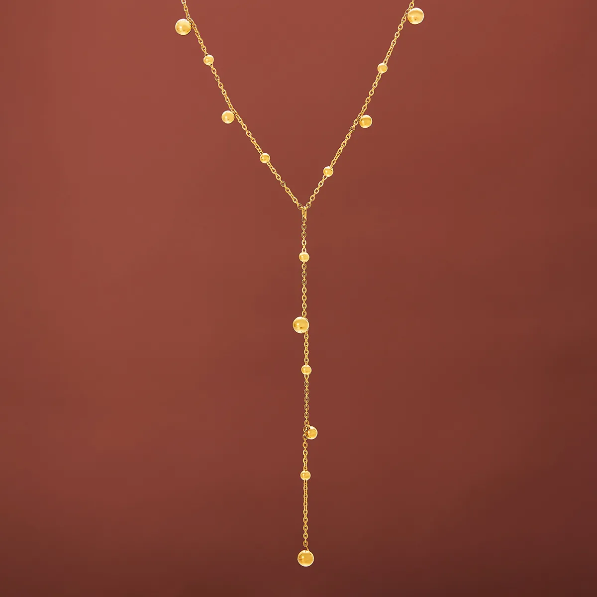 Y-Shape Tassel Necklace 18K Gold Plated Stainless Steel Round Bead Minimalist Elegant Statement Jewelry For Women