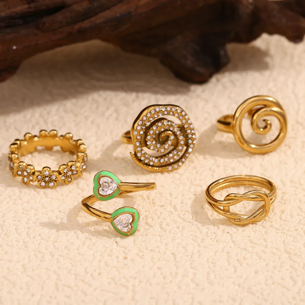 Women Stainless Steel Ring 18K Gold Plated Swirl Knot Daisy Heart Zircon Adjustable Open Finger Ring Vintage Chic Jewelry