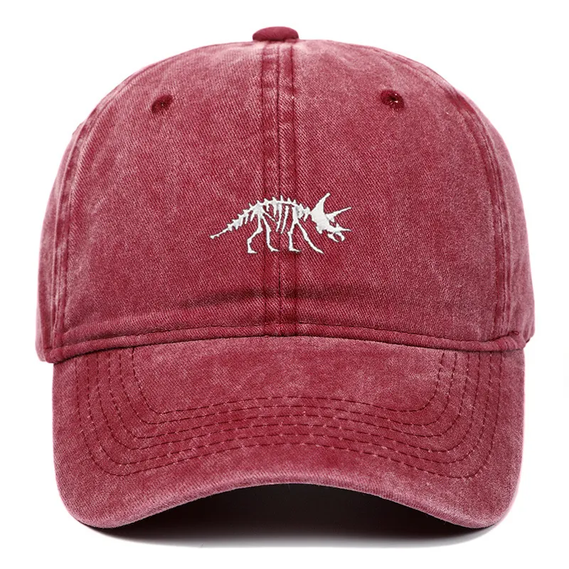 Vintage Washed Baumwolle Baseballkappe Triceratops Skelett Stickerei Verstellbarer Retro Sonnenhut Unisex